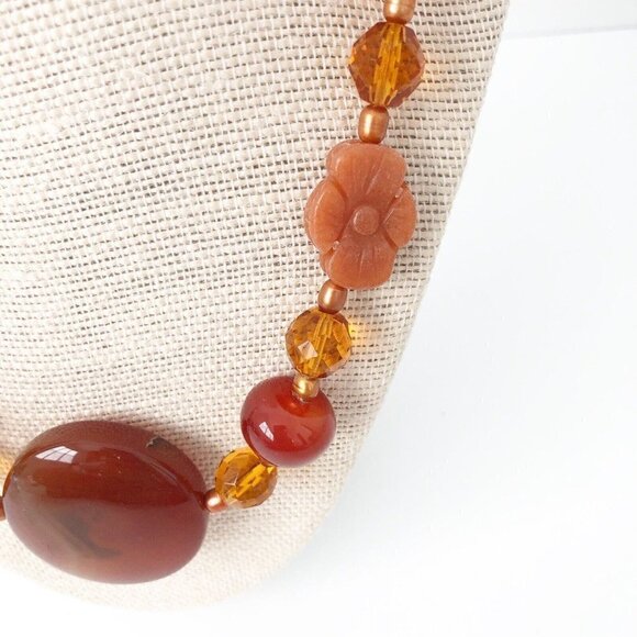NWT Genuine Carved Sunstone, Agate, Pearl & Czech Crystal Necklace Flower Orange - Picture 2 of 6